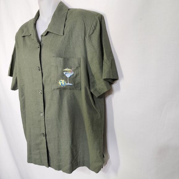 AKC Womens Top Large Green Linen Blend Embroidered Cocktails Tiki Button Pocket - Picture 4 of 10